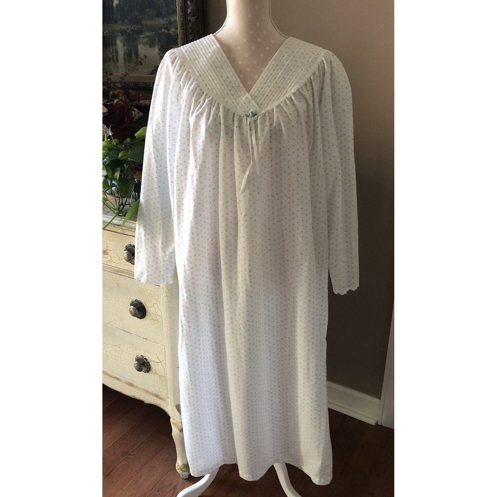 Vtg Sears Fundamentals Flannel Gown White Blue Flowers Granny Cottagecore Large